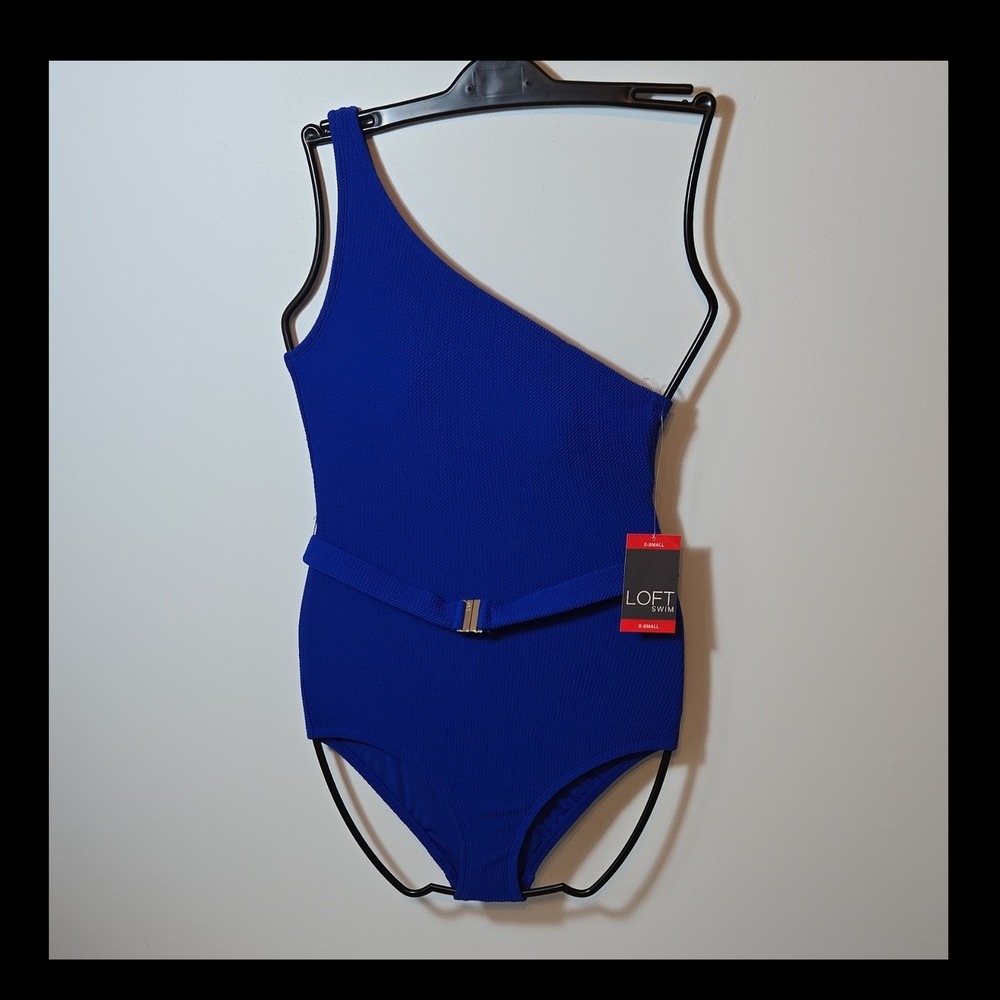 LOFT Women's XS Regular Size One Piece Swimsuit Blue One‎ Shoulder Belted Solid